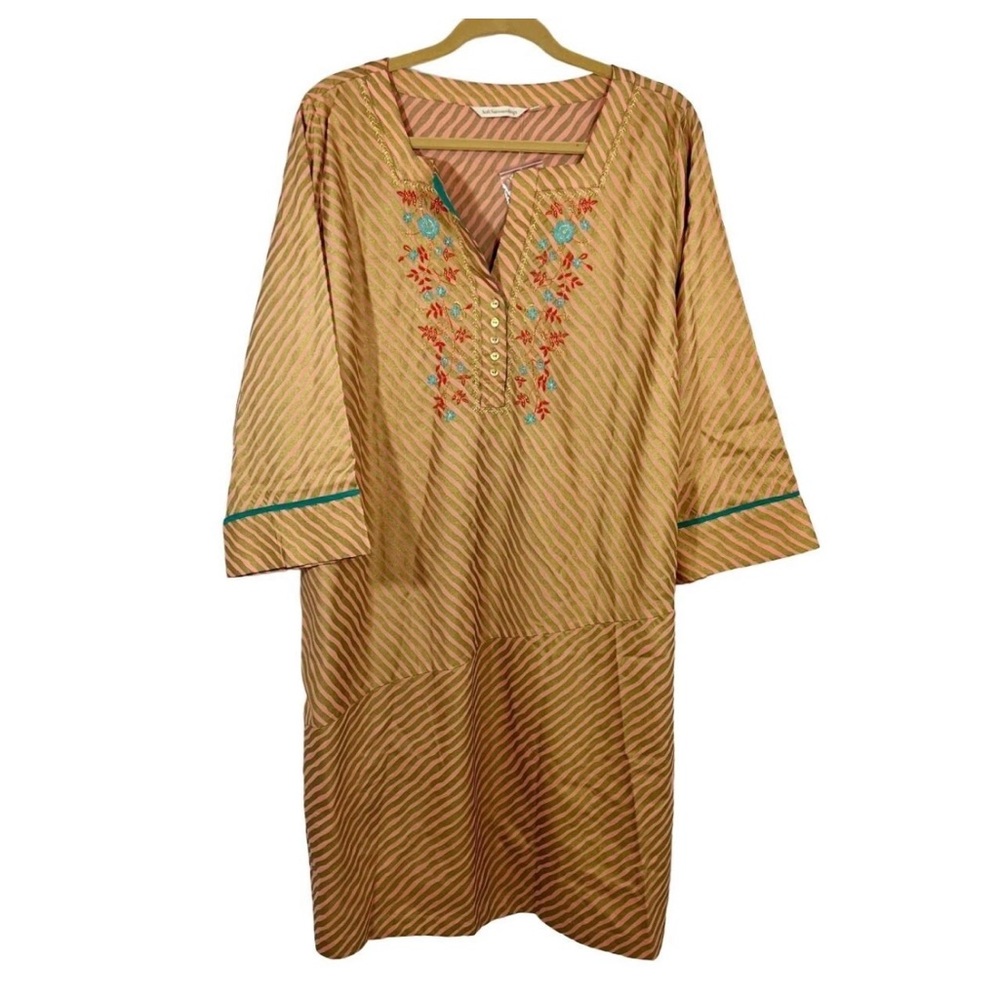Soft Surroundings Pink Gold Metallic Striped Embroidered Dress Size Small